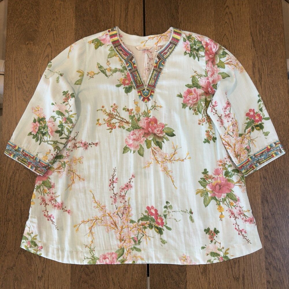 Soft Surroundings Merielle Embroidered Floral Tunic Top Womens Sz 2XL Aqua Blue